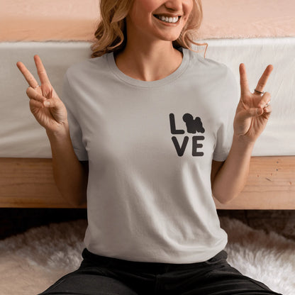 “Unisex black-lettered 'Bichon Frise Love' T-shirt – romantic Valentine's Day gift for Bichon Frise dog lovers and owners, festive and stylish design for any dog enthusiast.”