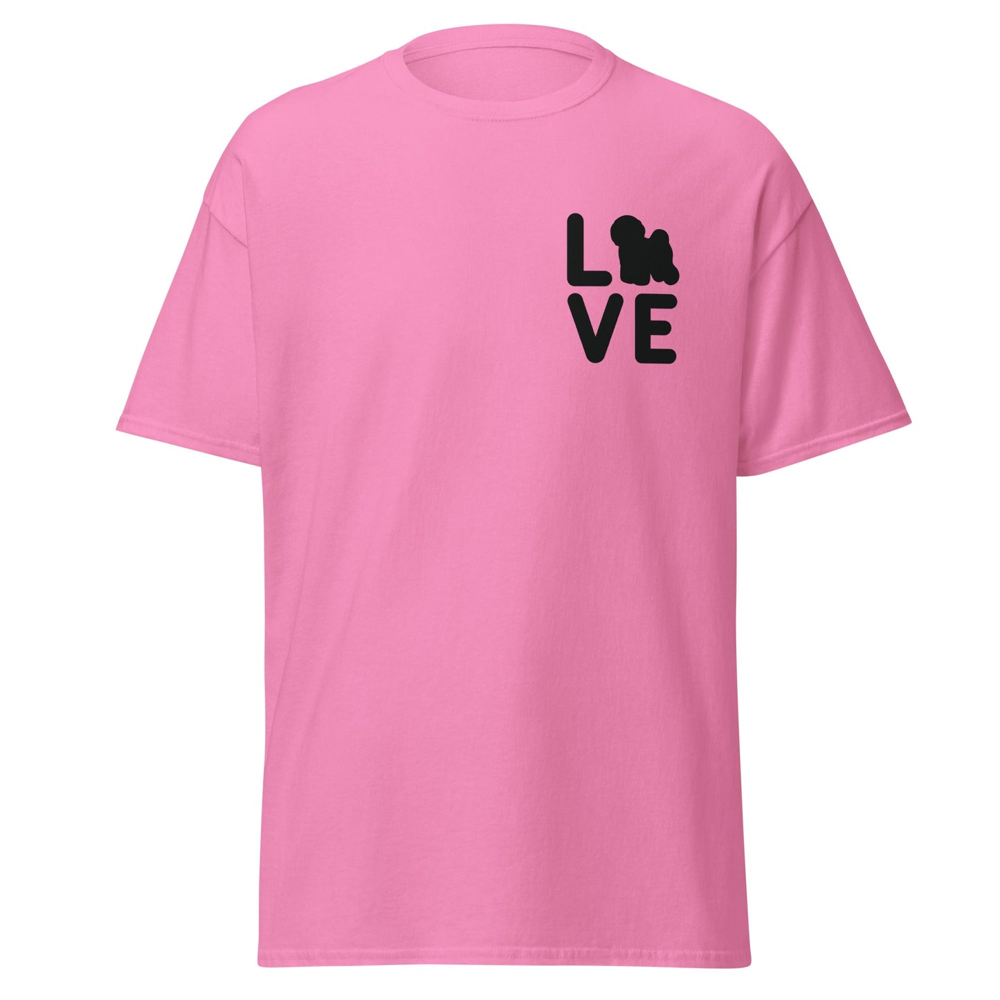 “Unisex black-lettered 'Bichon Frise Love' T-shirt – romantic Valentine's Day gift for Bichon Frise dog lovers and owners, festive and stylish design for any dog enthusiast.”