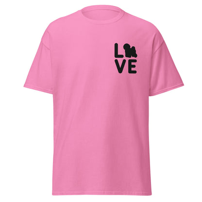 “Unisex black-lettered 'Bichon Frise Love' T-shirt – romantic Valentine's Day gift for Bichon Frise dog lovers and owners, festive and stylish design for any dog enthusiast.”