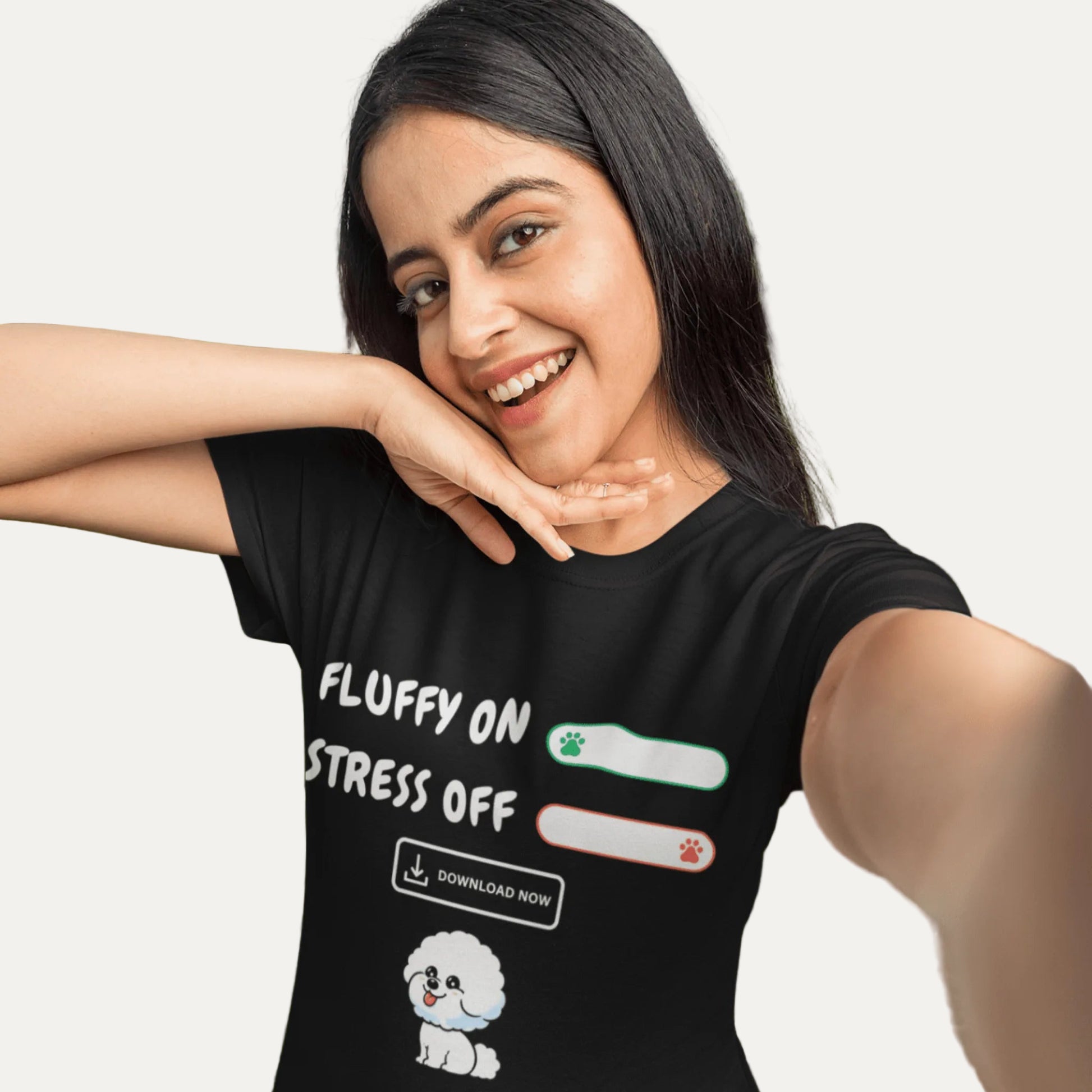 "Fluffy On, Stress Off" unisex T-shirt featuring a cheerful white Bichon Frise illustration and bold white text – perfect for dog lovers and Bichon enthusiasts alike. Fun, lighthearted design on a comfortable tee.