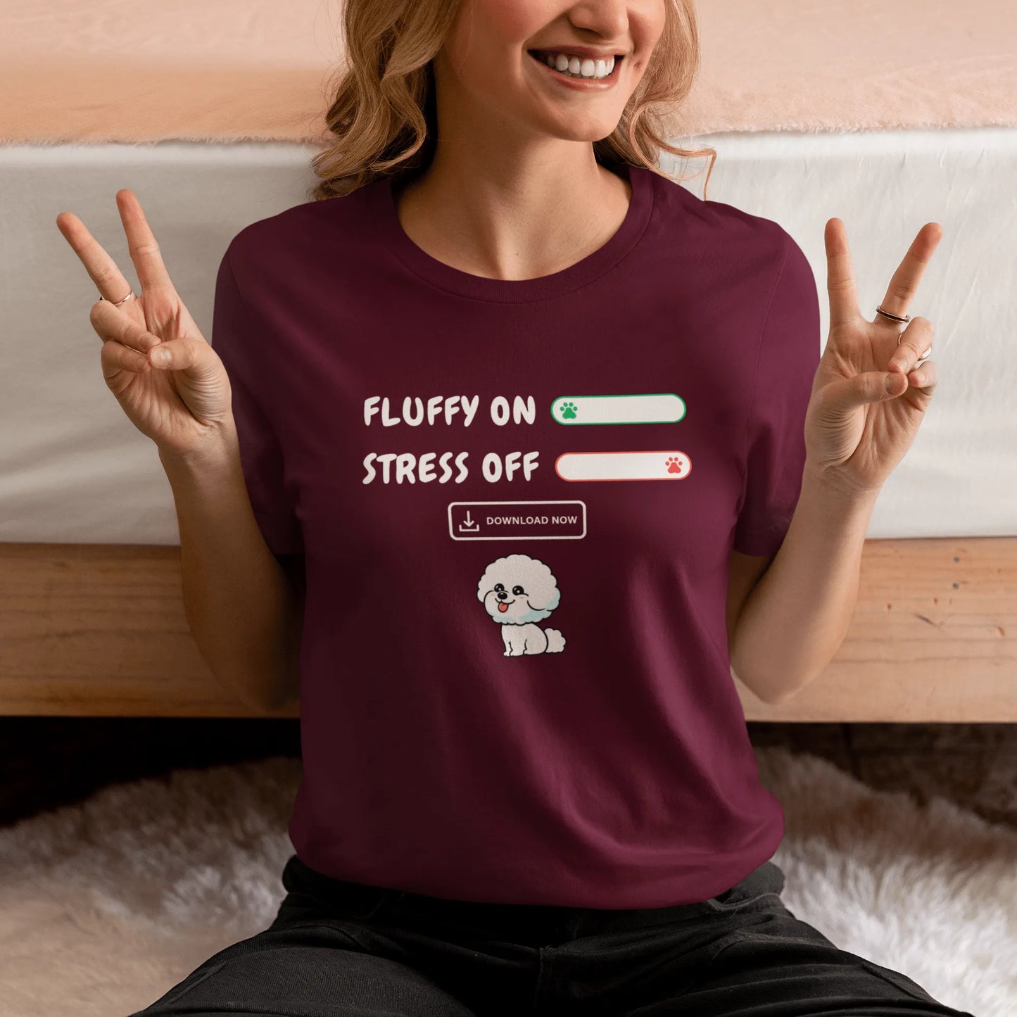 "Fluffy On, Stress Off" unisex T-shirt featuring a cheerful white Bichon Frise illustration and bold white text – perfect for dog lovers and Bichon enthusiasts alike. Fun, lighthearted design on a comfortable tee.