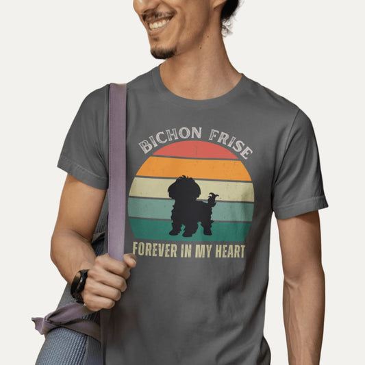 "Forever In My Heart funny unisex t-shirt with cute Bichon Frise dog illustration, heartfelt and playful design for dog lovers, perfect gift for Bichon owners"