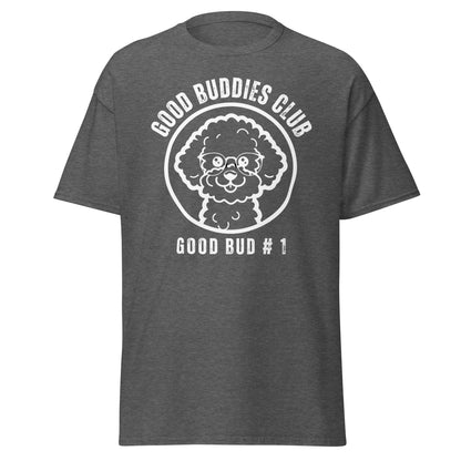 “Good Buddies Club unisex T-shirt featuring a cheerful, smiling Bichon Frise dog wearing glasses illustration with white design. Fun and happy dog-themed shirt for men and women, perfect for dog owners and dog lovers beyond just Bichon Frise fans.”