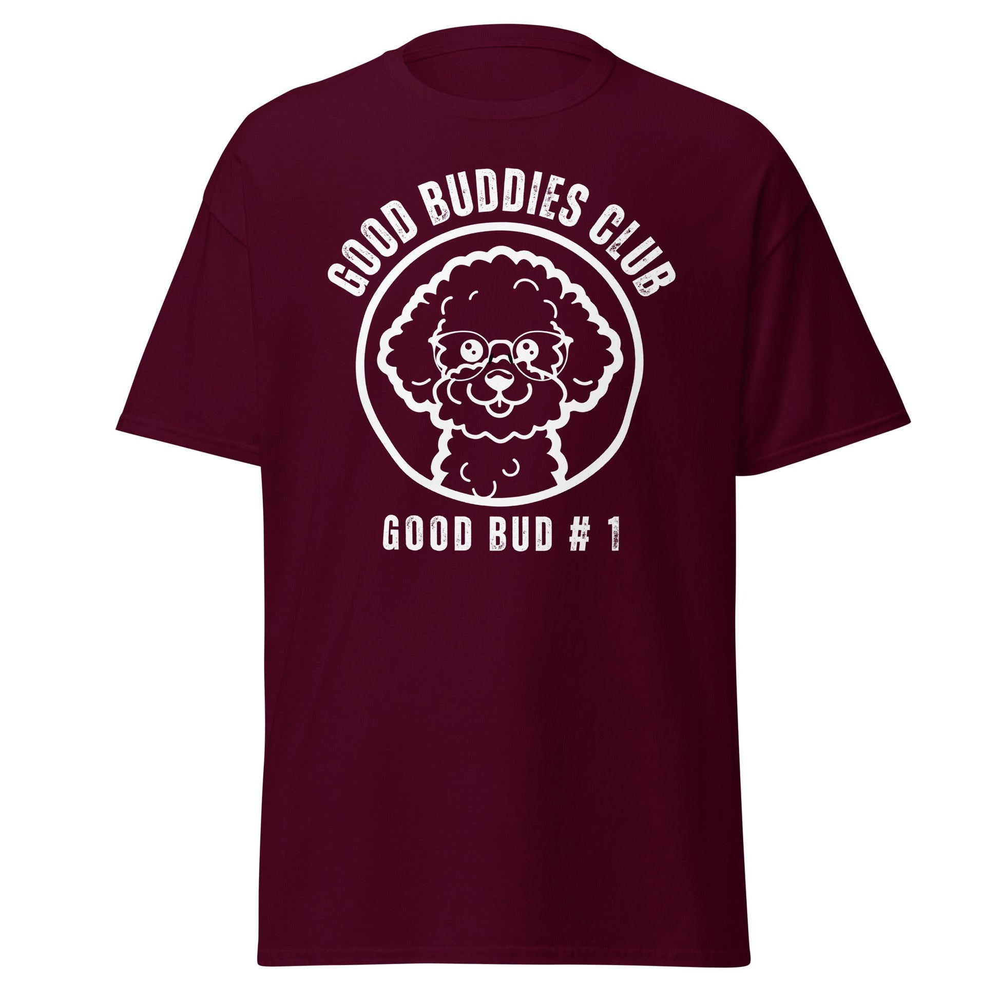 “Good Buddies Club unisex T-shirt featuring a cheerful, smiling Bichon Frise dog wearing glasses illustration with white design. Fun and happy dog-themed shirt for men and women, perfect for dog owners and dog lovers beyond just Bichon Frise fans.”
