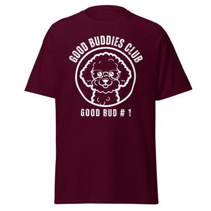 “Good Buddies Club unisex T-shirt featuring a cheerful, smiling Bichon Frise dog wearing glasses illustration with white design. Fun and happy dog-themed shirt for men and women, perfect for dog owners and dog lovers beyond just Bichon Frise fans.”