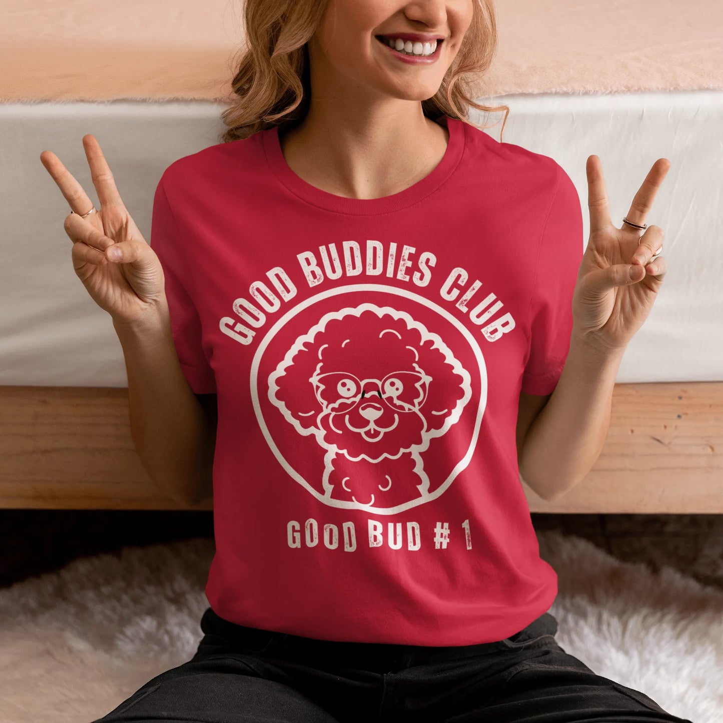 “Good Buddies Club unisex T-shirt featuring a cheerful, smiling Bichon Frise dog wearing glasses illustration with white design. Fun and happy dog-themed shirt for men and women, perfect for dog owners and dog lovers beyond just Bichon Frise fans.”