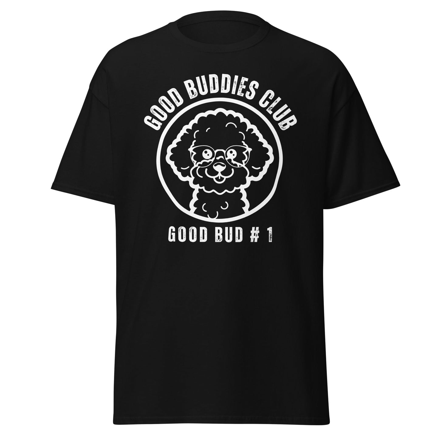 “Good Buddies Club unisex T-shirt featuring a cheerful, smiling Bichon Frise dog wearing glasses illustration with white design. Fun and happy dog-themed shirt for men and women, perfect for dog owners and dog lovers beyond just Bichon Frise fans.”