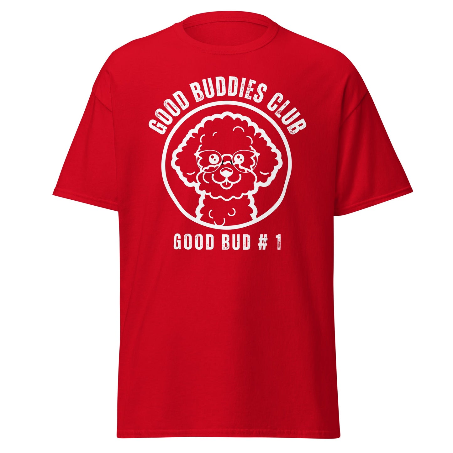 “Good Buddies Club unisex T-shirt featuring a cheerful, smiling Bichon Frise dog wearing glasses illustration with white design. Fun and happy dog-themed shirt for men and women, perfect for dog owners and dog lovers beyond just Bichon Frise fans.”