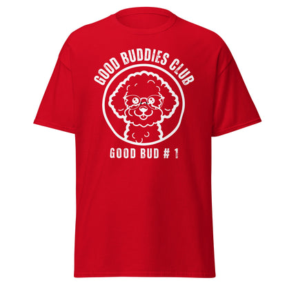“Good Buddies Club unisex T-shirt featuring a cheerful, smiling Bichon Frise dog wearing glasses illustration with white design. Fun and happy dog-themed shirt for men and women, perfect for dog owners and dog lovers beyond just Bichon Frise fans.”