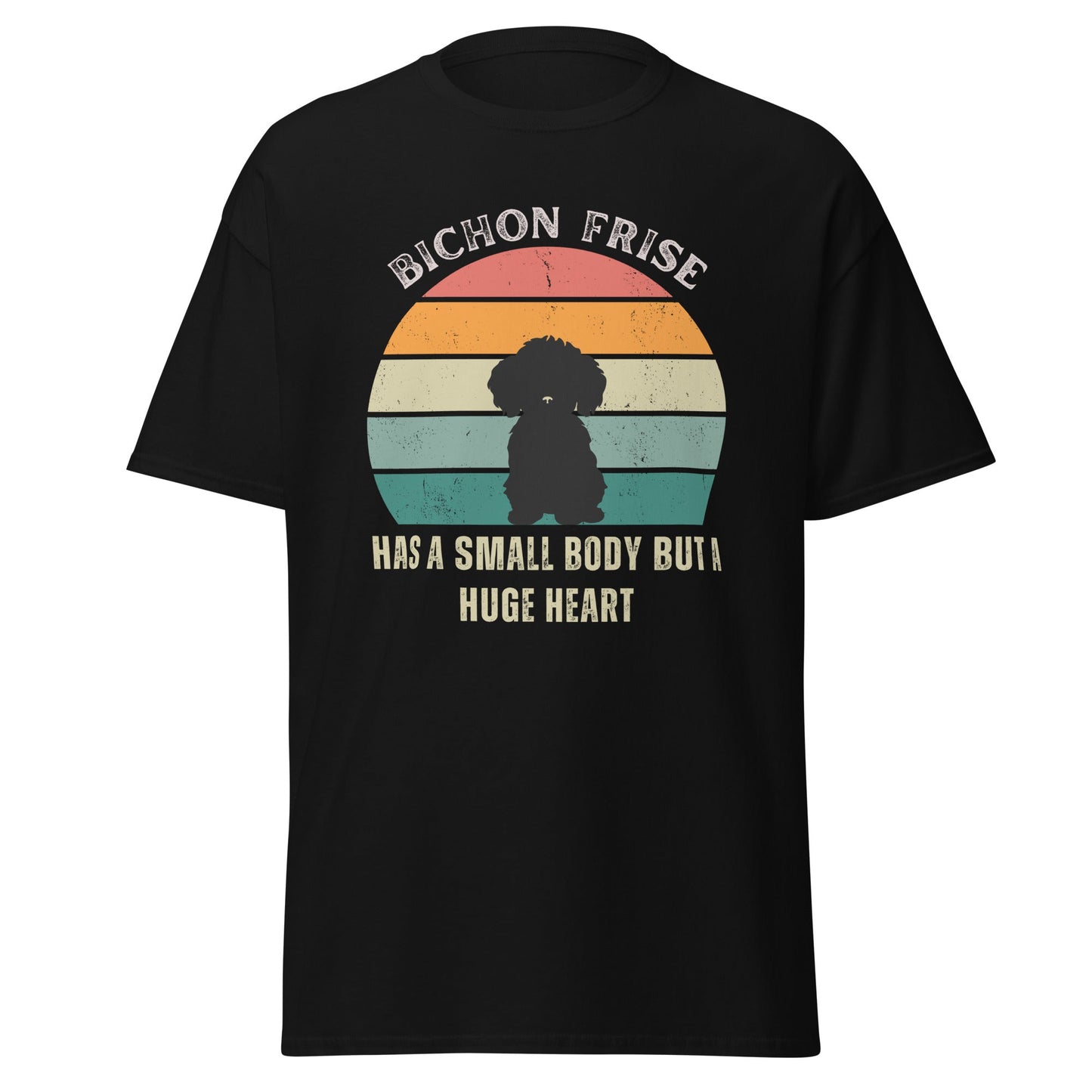 "Colorful unisex T-shirt featuring a cute black dog illustration with the quote 'Has a small body but a huge heart' – perfect for dog lovers, including but not limited to Bichon Frise fans; ideal for both men and women."