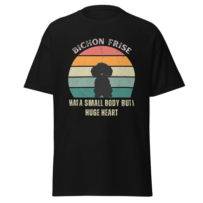 "Colorful unisex T-shirt featuring a cute black dog illustration with the quote 'Has a small body but a huge heart' – perfect for dog lovers, including but not limited to Bichon Frise fans; ideal for both men and women."