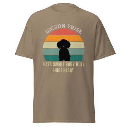 "Colorful unisex T-shirt featuring a cute black dog illustration with the quote 'Has a small body but a huge heart' – perfect for dog lovers, including but not limited to Bichon Frise fans; ideal for both men and women."