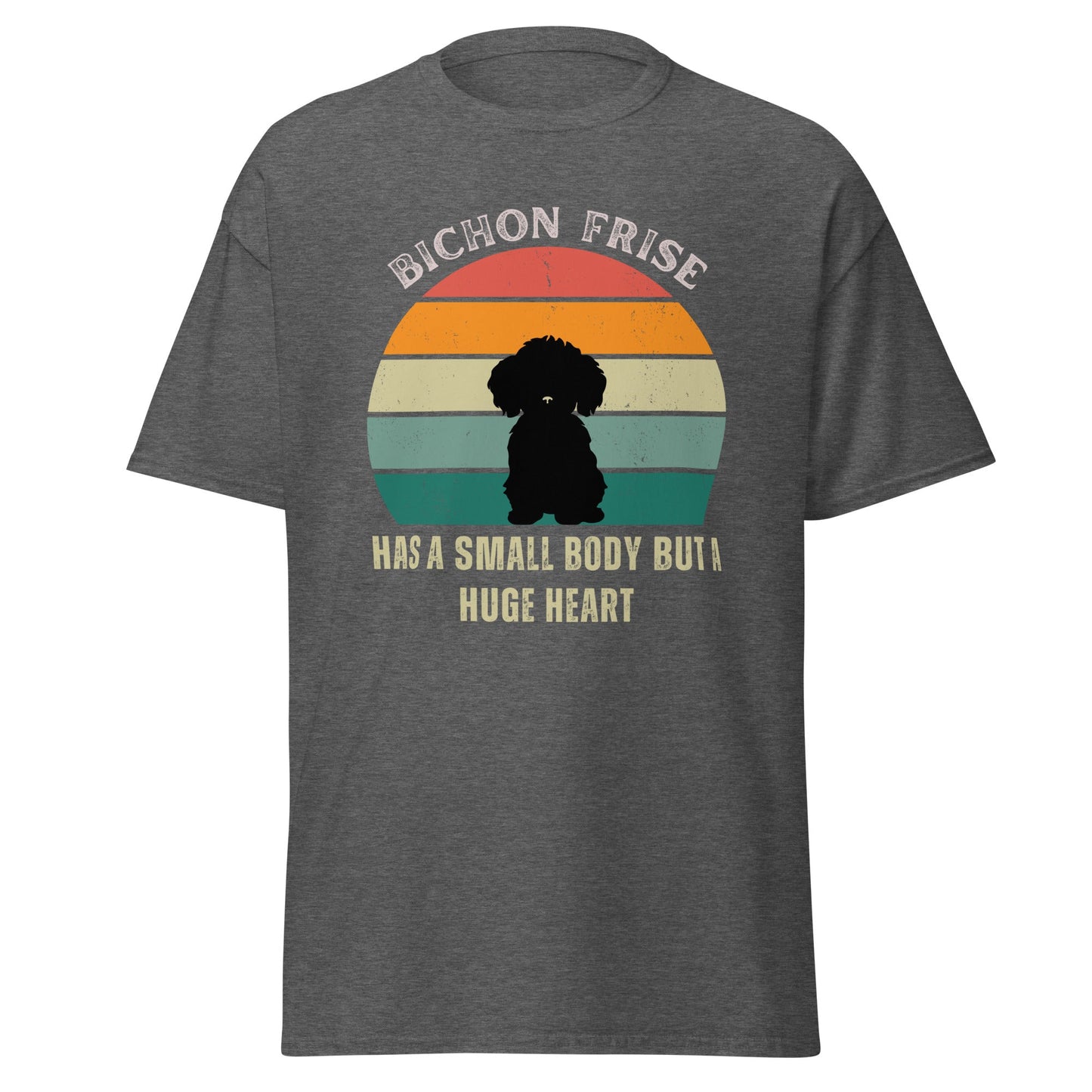 "Colorful unisex T-shirt featuring a cute black dog illustration with the quote 'Has a small body but a huge heart' – perfect for dog lovers, including but not limited to Bichon Frise fans; ideal for both men and women."