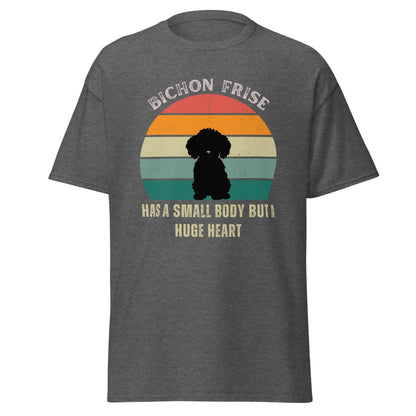 "Colorful unisex T-shirt featuring a cute black dog illustration with the quote 'Has a small body but a huge heart' – perfect for dog lovers, including but not limited to Bichon Frise fans; ideal for both men and women."