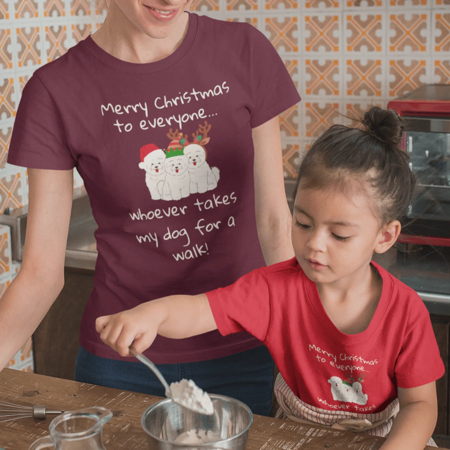 Unisex Bichon Frise T-Shirt for Dog Owners:" Merry Christmas to everyone... whoever takes my dog for a walk!"