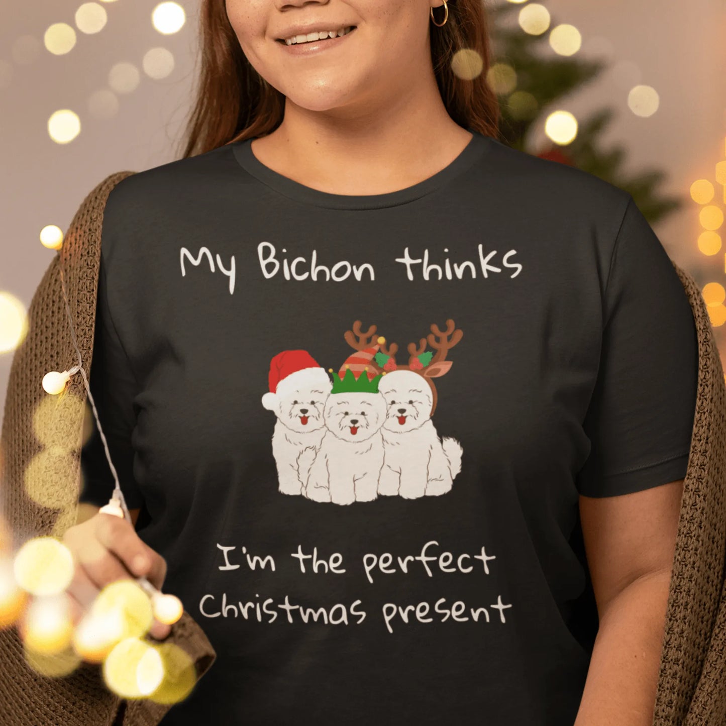 Unisex Bichon Frise T-Shirt for Dog Owners: "My Bichon thinks I'm the perfect Christmas present"
