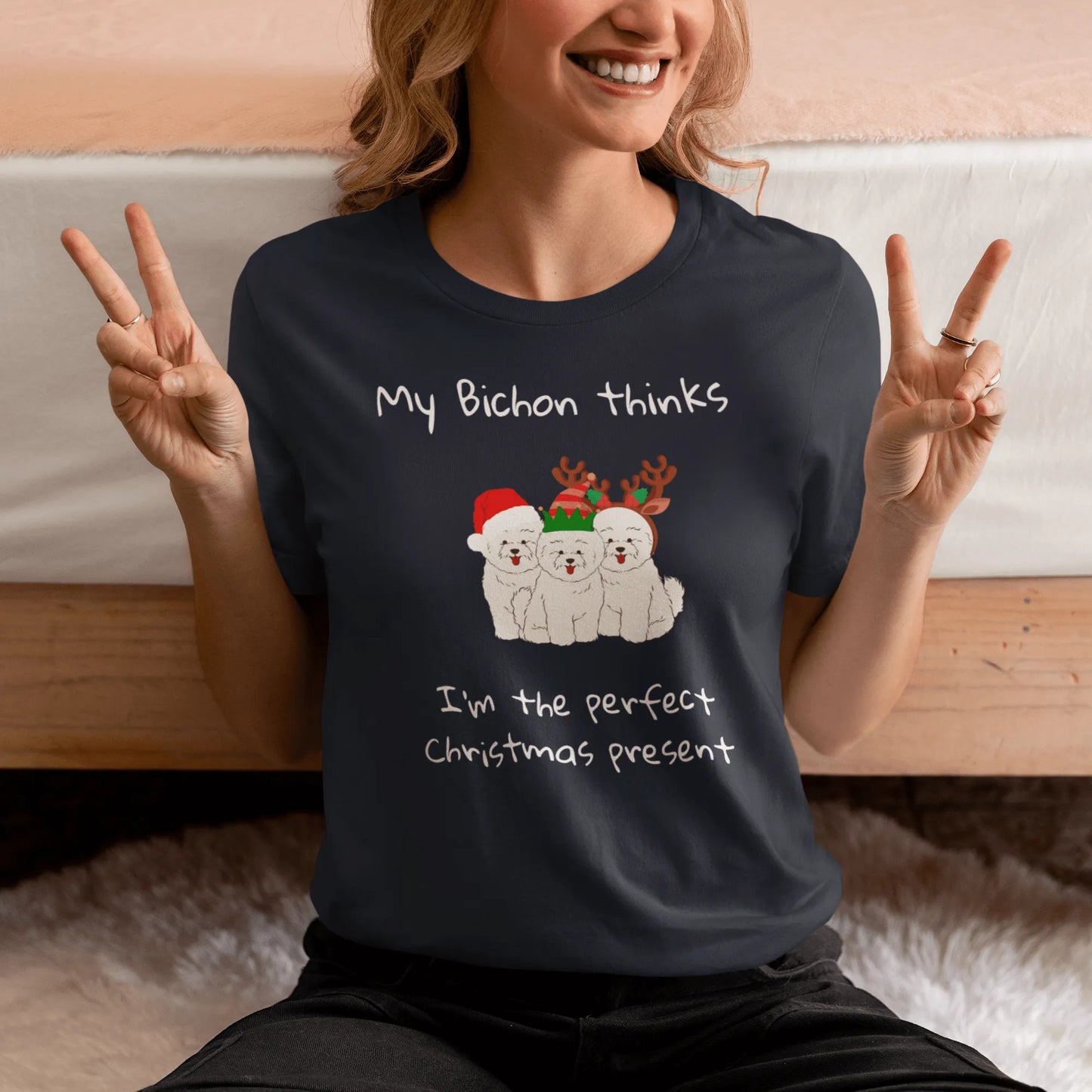 Unisex Bichon Frise T-Shirt for Dog Owners: "My Bichon thinks I'm the perfect Christmas present"
