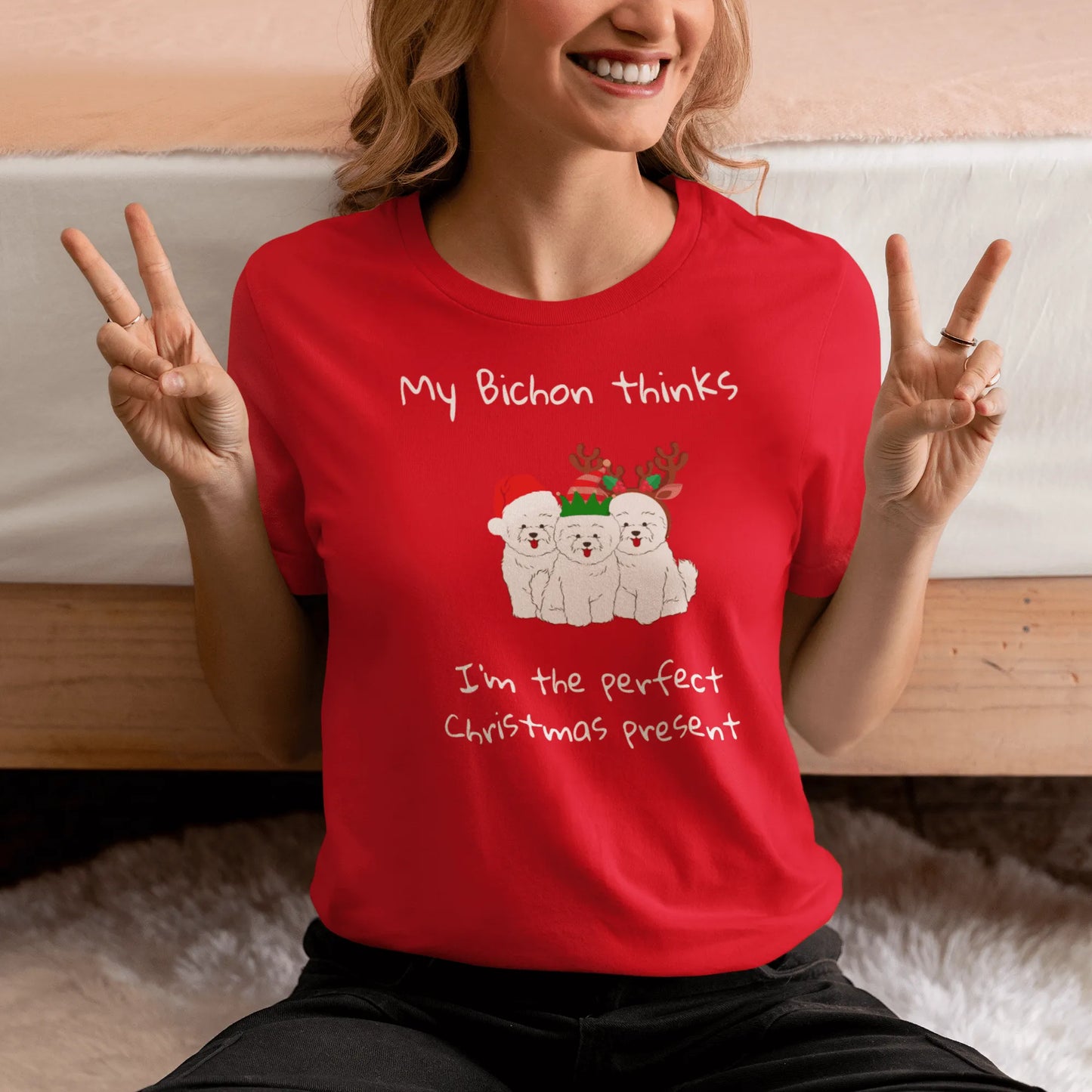 Unisex Bichon Frise T-Shirt for Dog Owners: "My Bichon thinks I'm the perfect Christmas present"