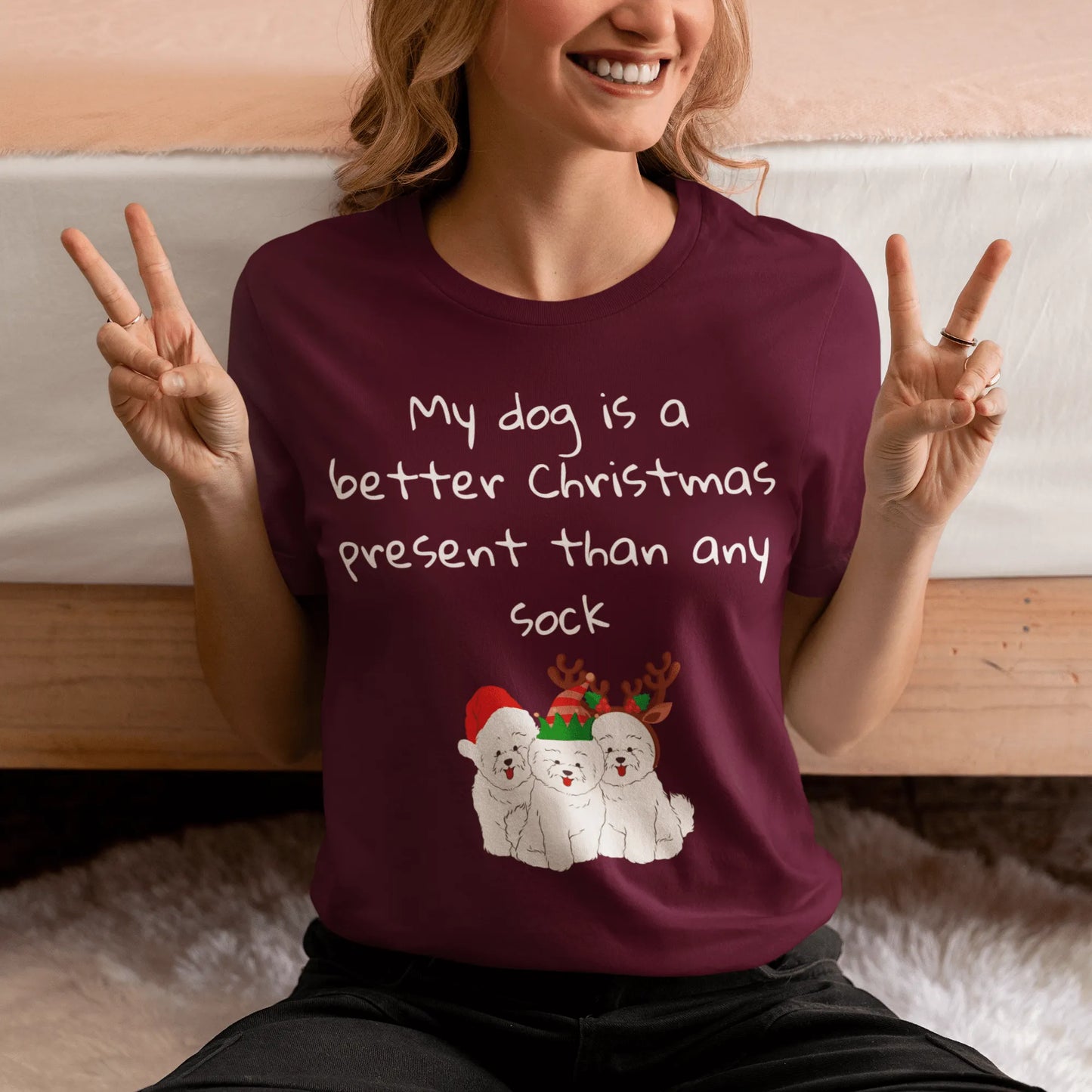 Unisex Bichon Frise T-Shirt for Dog Owners:" My dog is a better Christmas present than any sock"