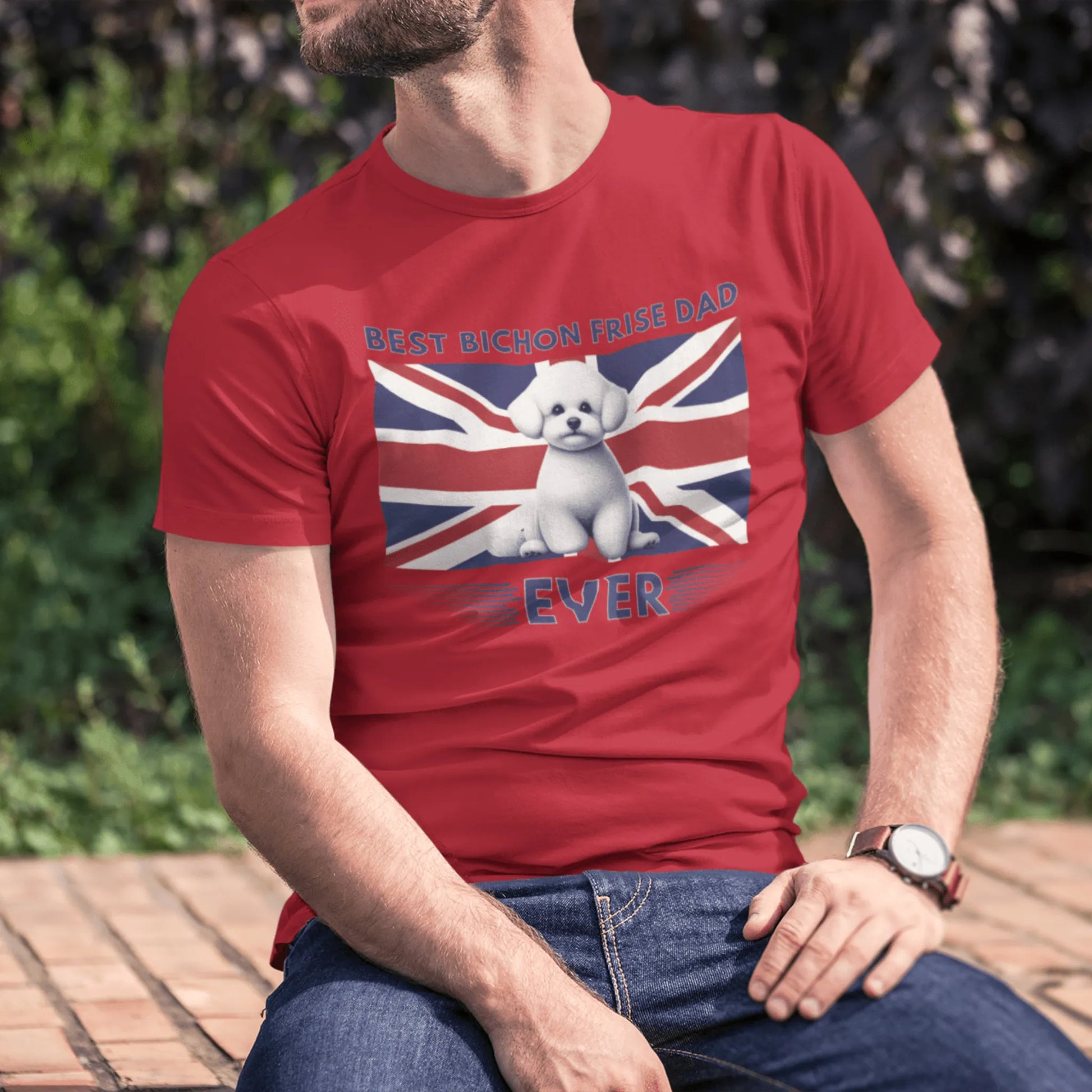 Unisex Bichon Frise T-Shirt for Dog Owners:"Best Bichon Frise Dad Ever" english  flag