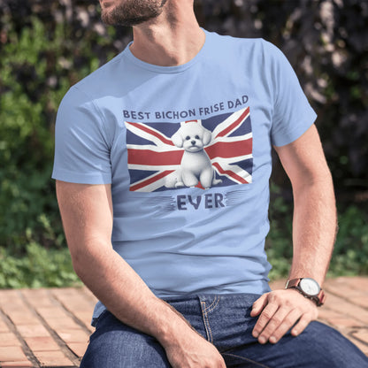 Unisex Bichon Frise T-Shirt for Dog Owners:"Best Bichon Frise Dad Ever" english  flag