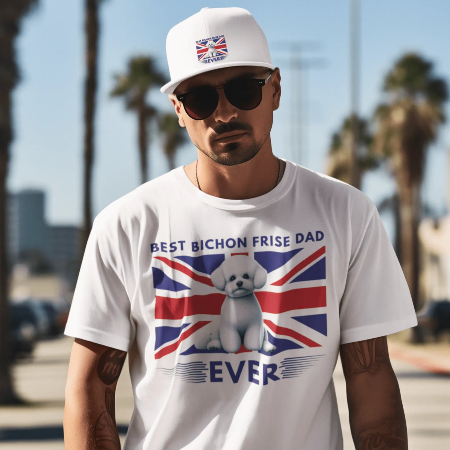 Unisex Bichon Frise T-Shirt for Dog Owners:"Best Bichon Frise Dad Ever" english  flag