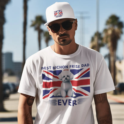 Unisex Bichon Frise T-Shirt for Dog Owners:"Best Bichon Frise Dad Ever" english  flag