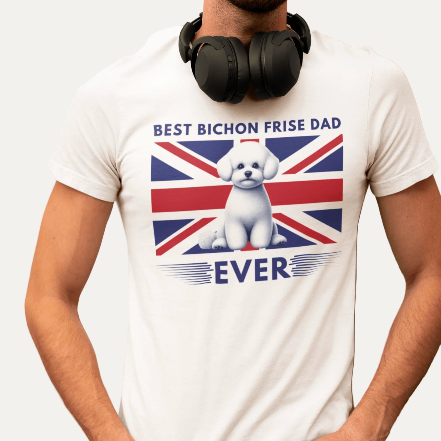 Unisex Bichon Frise T-Shirt for Dog Owners:"Best Bichon Frise Dad Ever" english  flag