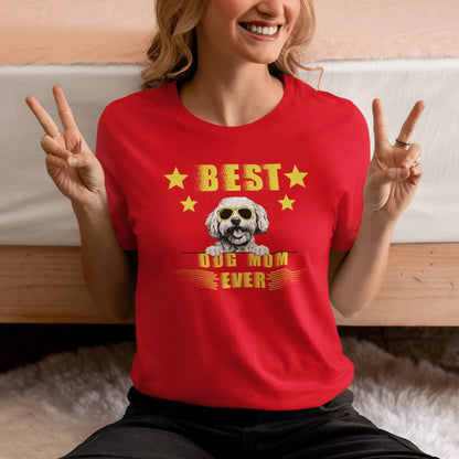 "Unisex 'Best Dog Mom Ever' T-shirt featuring a cool Bichon Frise dog wearing sunglasses – perfect Mother's Day gift for proud Bichon owners."