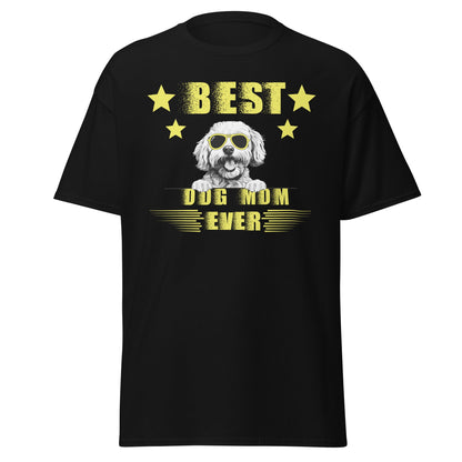 "Unisex 'Best Dog Mom Ever' T-shirt featuring a cool Bichon Frise dog wearing sunglasses – perfect Mother's Day gift for proud Bichon owners."