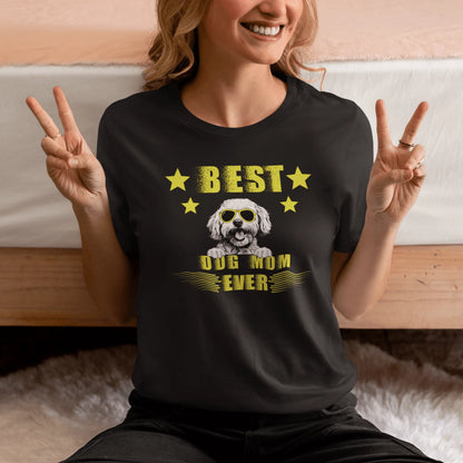 "Unisex 'Best Dog Mom Ever' T-shirt featuring a cool Bichon Frise dog wearing sunglasses – perfect Mother's Day gift for proud Bichon owners."