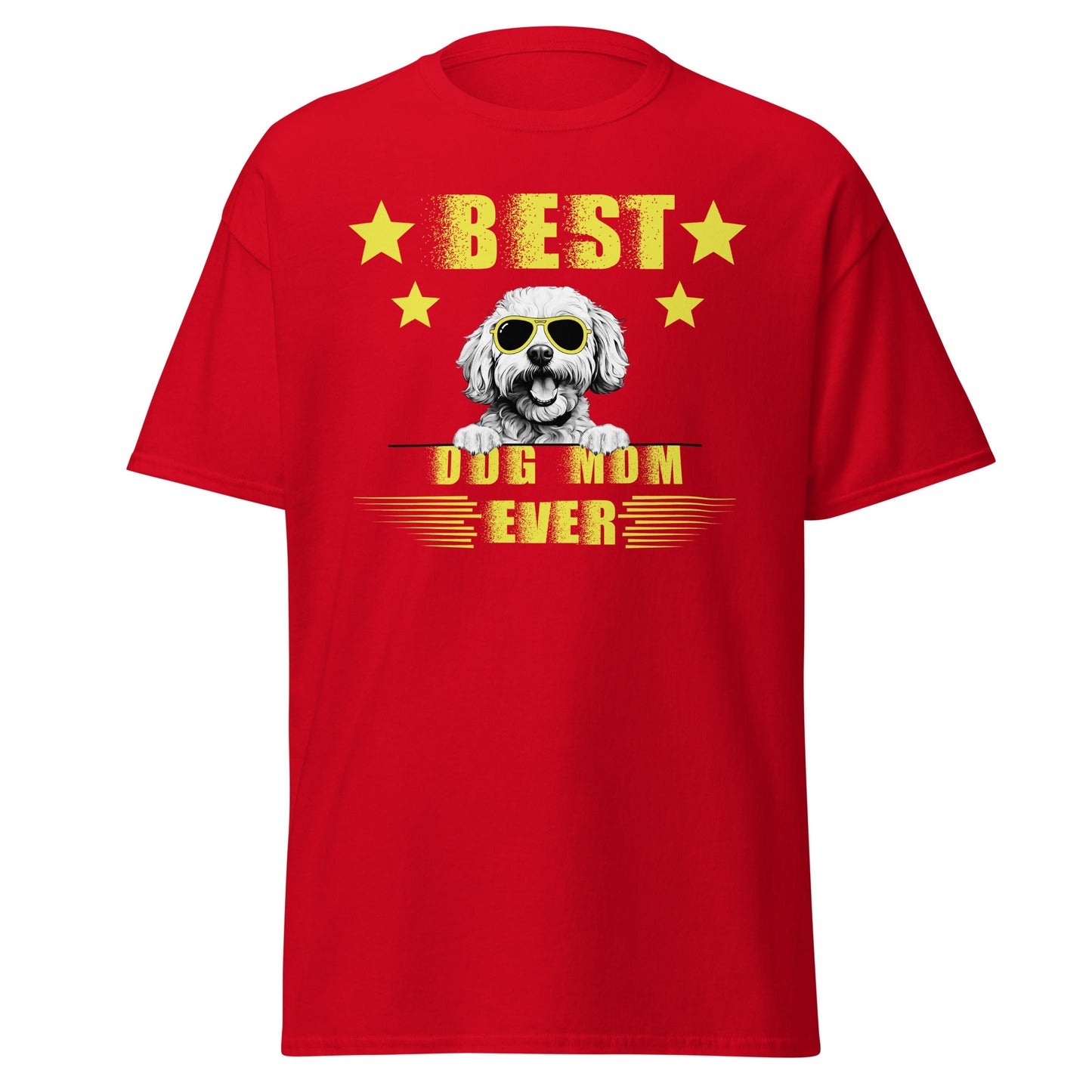 "Unisex 'Best Dog Mom Ever' T-shirt featuring a cool Bichon Frise dog wearing sunglasses – perfect Mother's Day gift for proud Bichon owners."