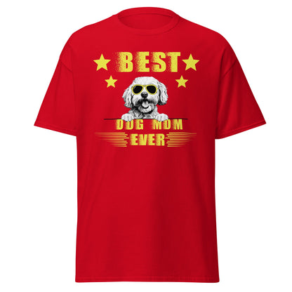 "Unisex 'Best Dog Mom Ever' T-shirt featuring a cool Bichon Frise dog wearing sunglasses – perfect Mother's Day gift for proud Bichon owners."