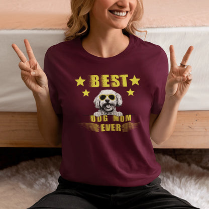"Unisex 'Best Dog Mom Ever' T-shirt featuring a cool Bichon Frise dog wearing sunglasses – perfect Mother's Day gift for proud Bichon owners."