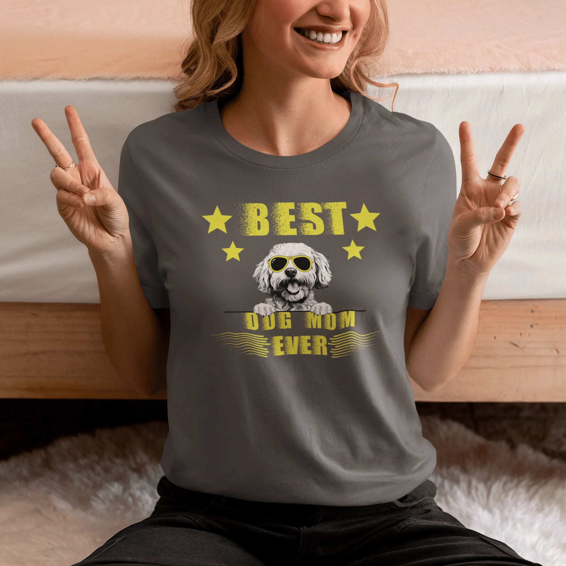 "Unisex 'Best Dog Mom Ever' T-shirt featuring a cool Bichon Frise dog wearing sunglasses – perfect Mother's Day gift for proud Bichon owners."