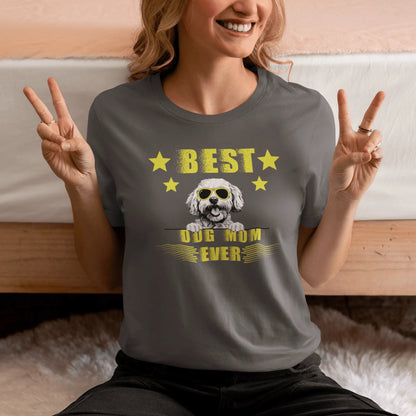 "Unisex 'Best Dog Mom Ever' T-shirt featuring a cool Bichon Frise dog wearing sunglasses – perfect Mother's Day gift for proud Bichon owners."