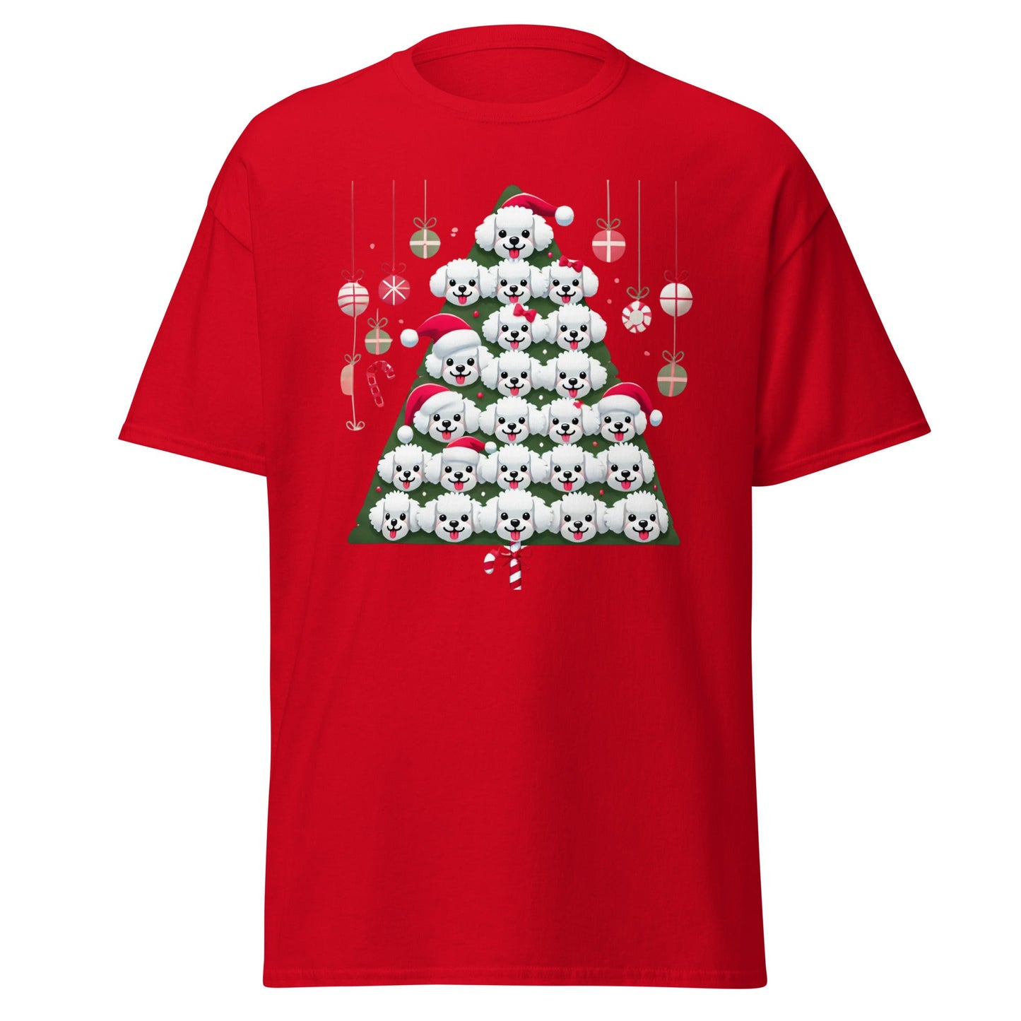"Colorful Bichon Frise Christmas tree graphic on a funny unisex holiday t-shirt – perfect festive gift for Bichon dog lovers"