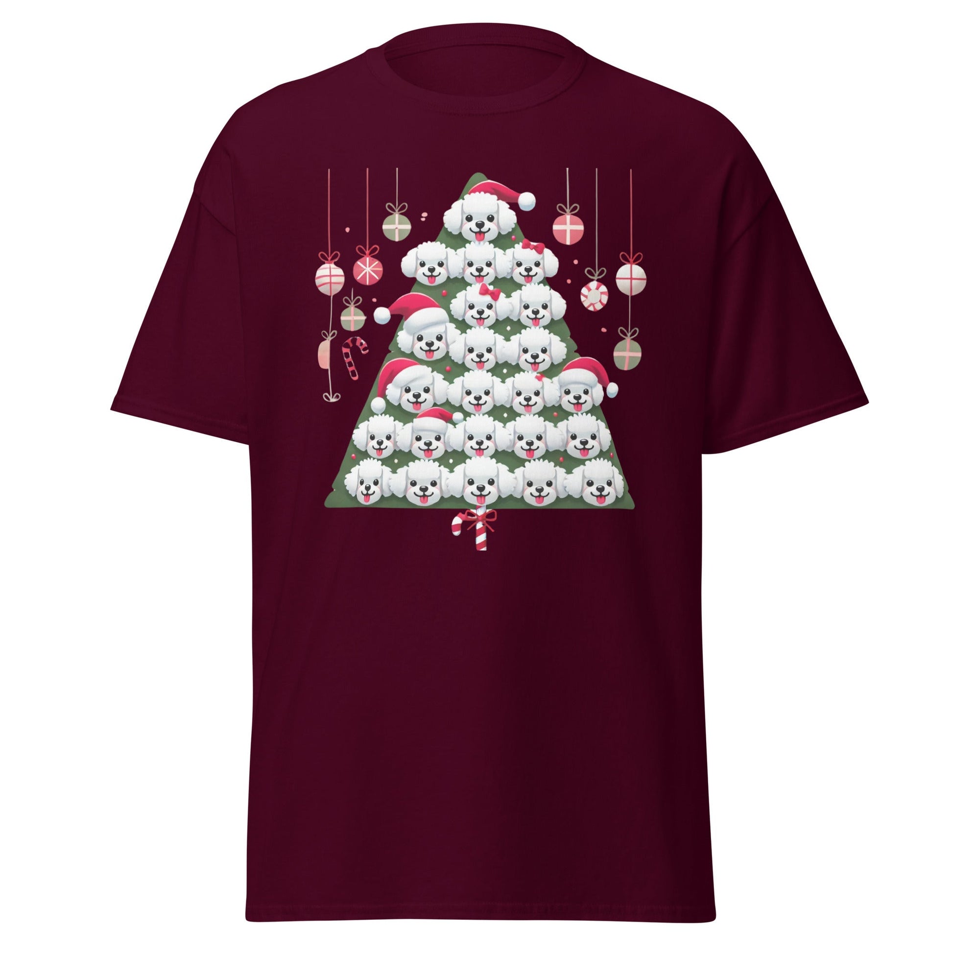 "Colorful Bichon Frise Christmas tree graphic on a funny unisex holiday t-shirt – perfect festive gift for Bichon dog lovers"