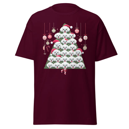 "Colorful Bichon Frise Christmas tree graphic on a funny unisex holiday t-shirt – perfect festive gift for Bichon dog lovers"