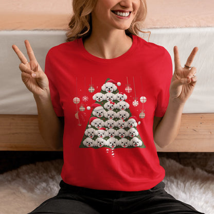 "Colorful Bichon Frise Christmas tree graphic on a funny unisex holiday t-shirt – perfect festive gift for Bichon dog lovers"