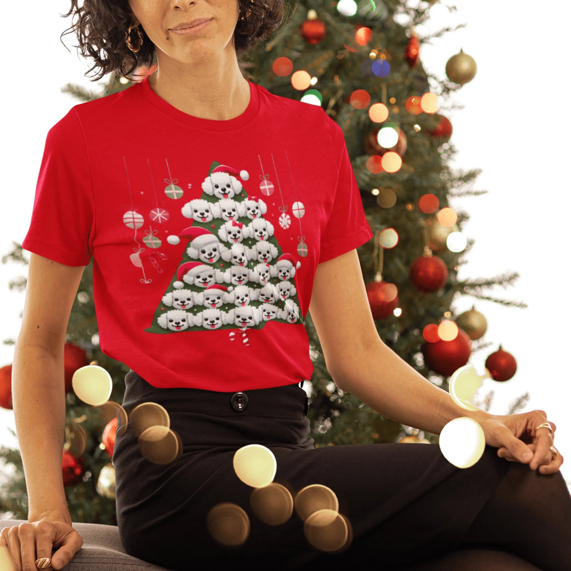 "Colorful Bichon Frise Christmas tree graphic on a funny unisex holiday t-shirt – perfect festive gift for Bichon dog lovers"