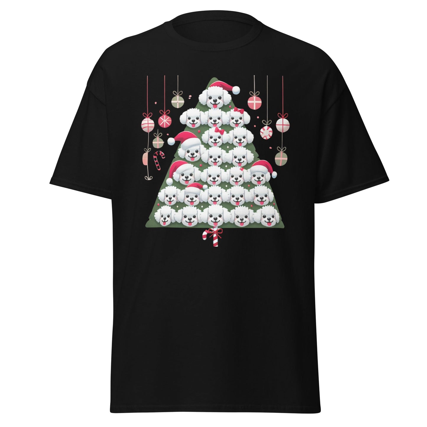 "Colorful Bichon Frise Christmas tree graphic on a funny unisex holiday t-shirt – perfect festive gift for Bichon dog lovers"