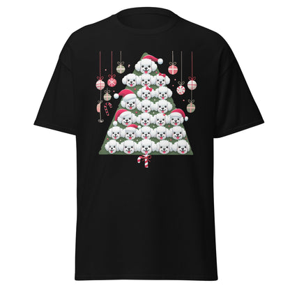 "Colorful Bichon Frise Christmas tree graphic on a funny unisex holiday t-shirt – perfect festive gift for Bichon dog lovers"
