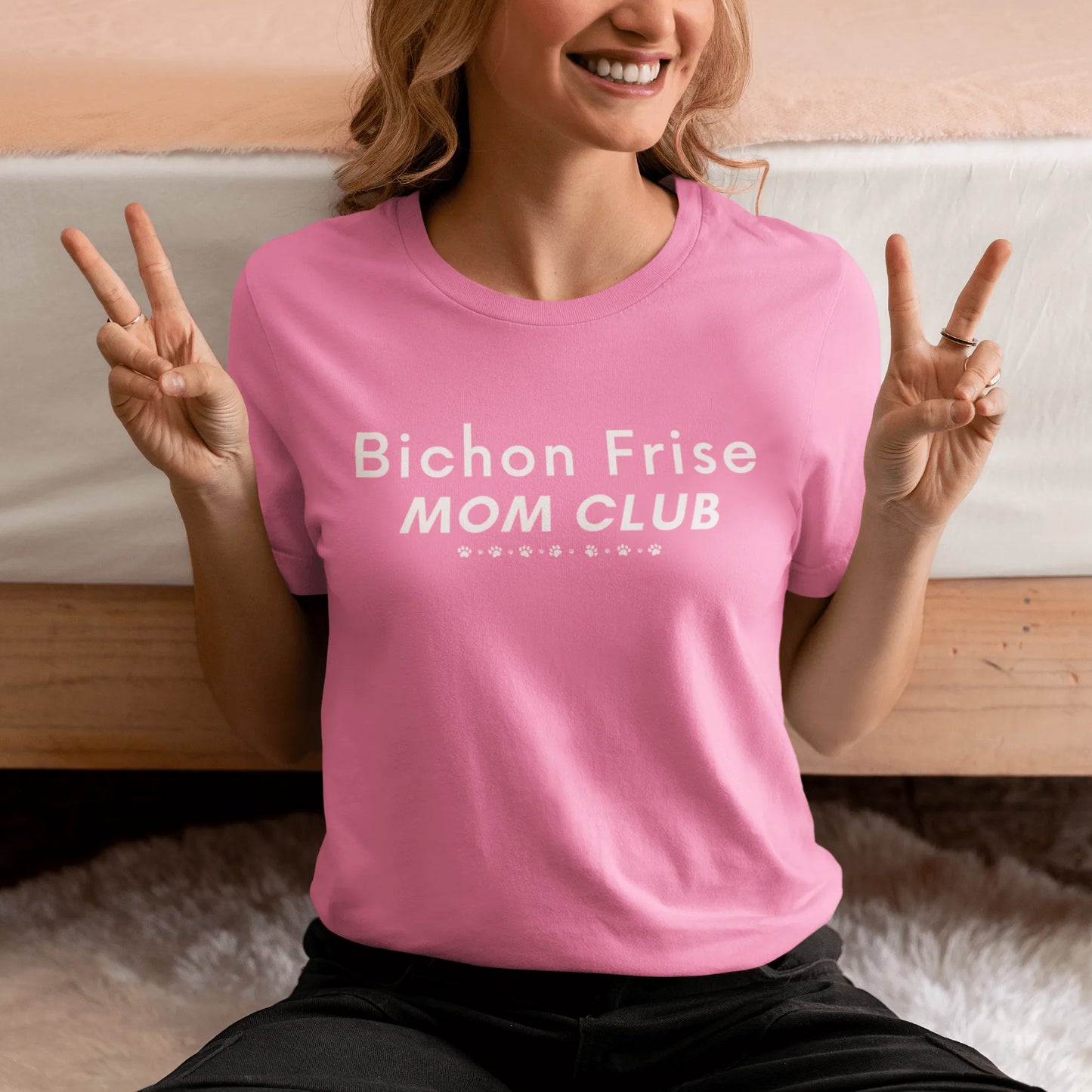 "Bichon Frise Mom Club white graphic T-shirt – funny unisex Mother's Day gift for dog lovers, perfect for Bichon owners and pet moms, stylish and heartfelt design for men and women."