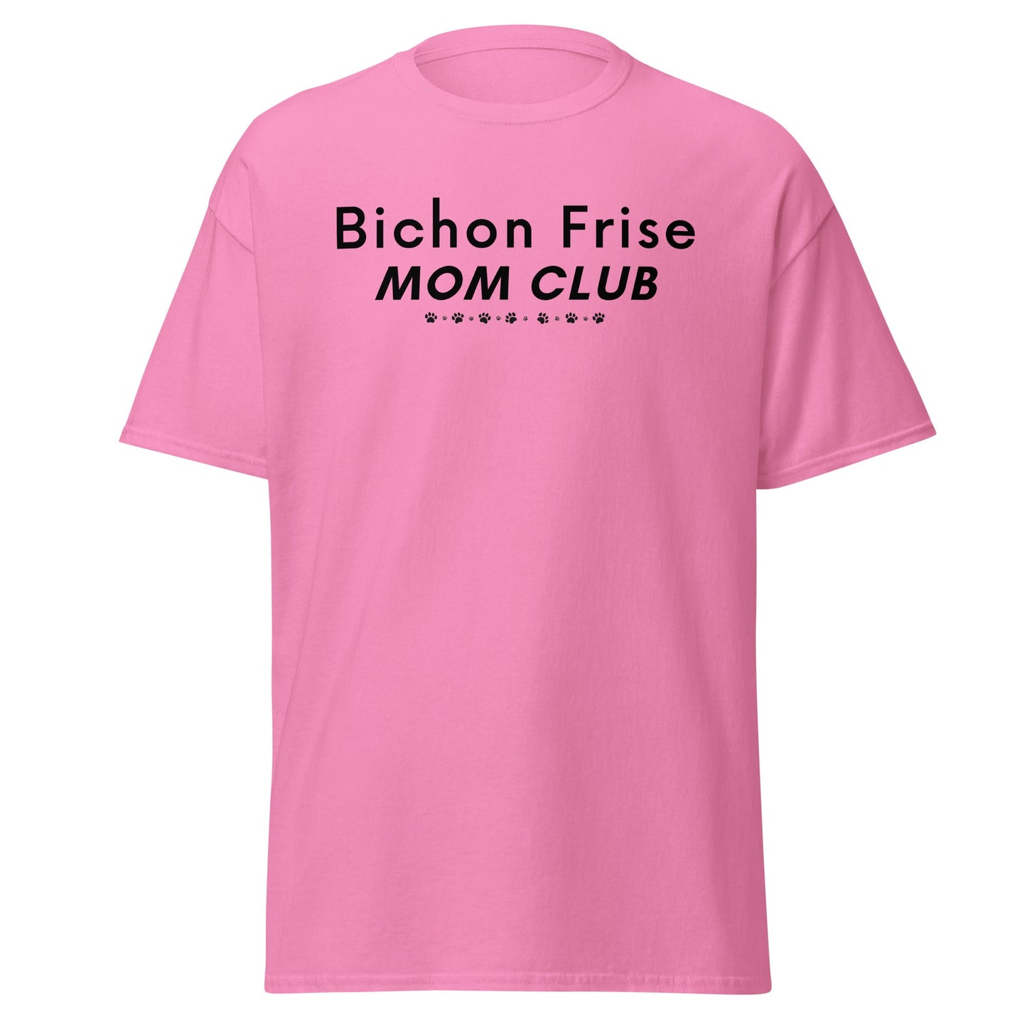 Funny "Bichon Frise Mom Club" black text unisex t-shirt – unique Mother's Day gift for dog lovers, perfect for proud Bichon Frise moms and pet owners who want a stylish, comfortable shirt celebrating their beloved furry friend.