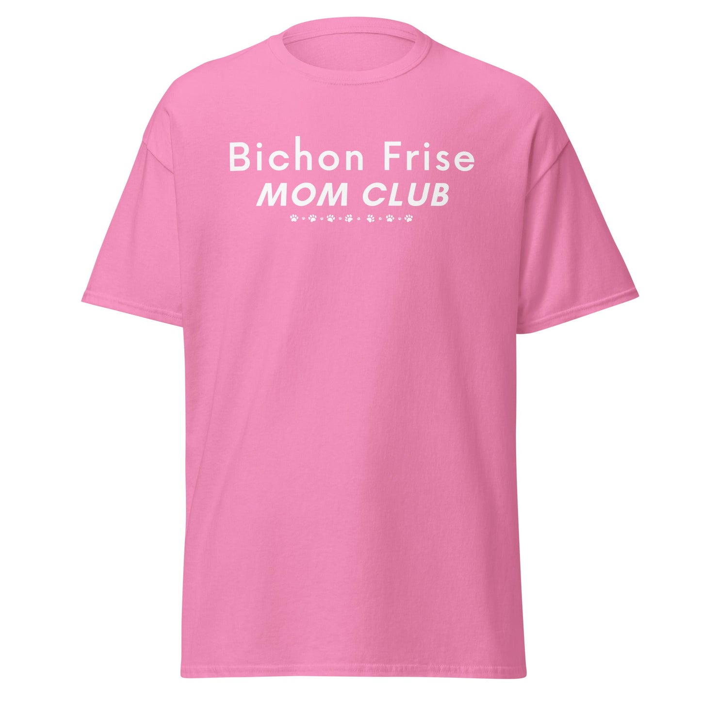 "Bichon Frise Mom Club white graphic T-shirt – funny unisex Mother's Day gift for dog lovers, perfect for Bichon owners and pet moms, stylish and heartfelt design for men and women."
