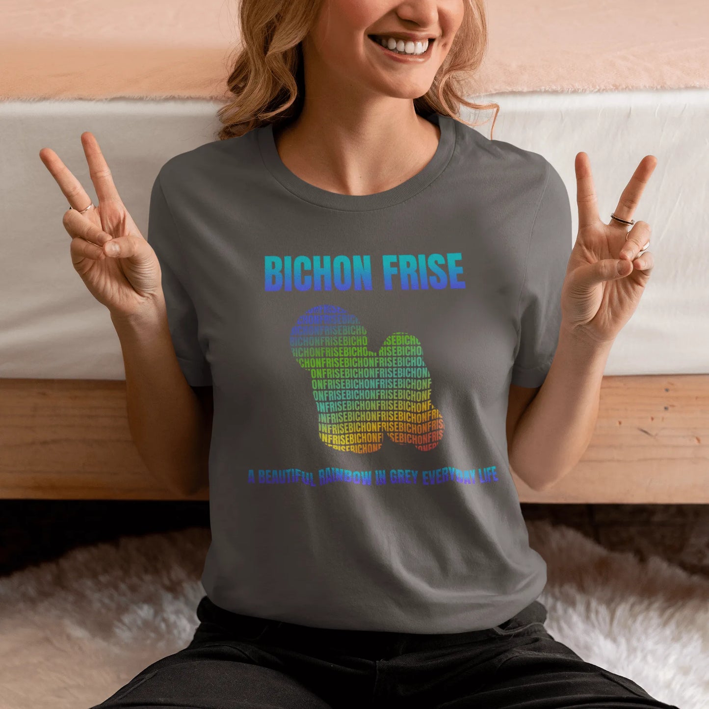 Unisex Bichon Frise T-shirt with "A Beautiful Rainbow in Grey Everyday Life" design – perfect for dog lovers and Bichon Frise owners.