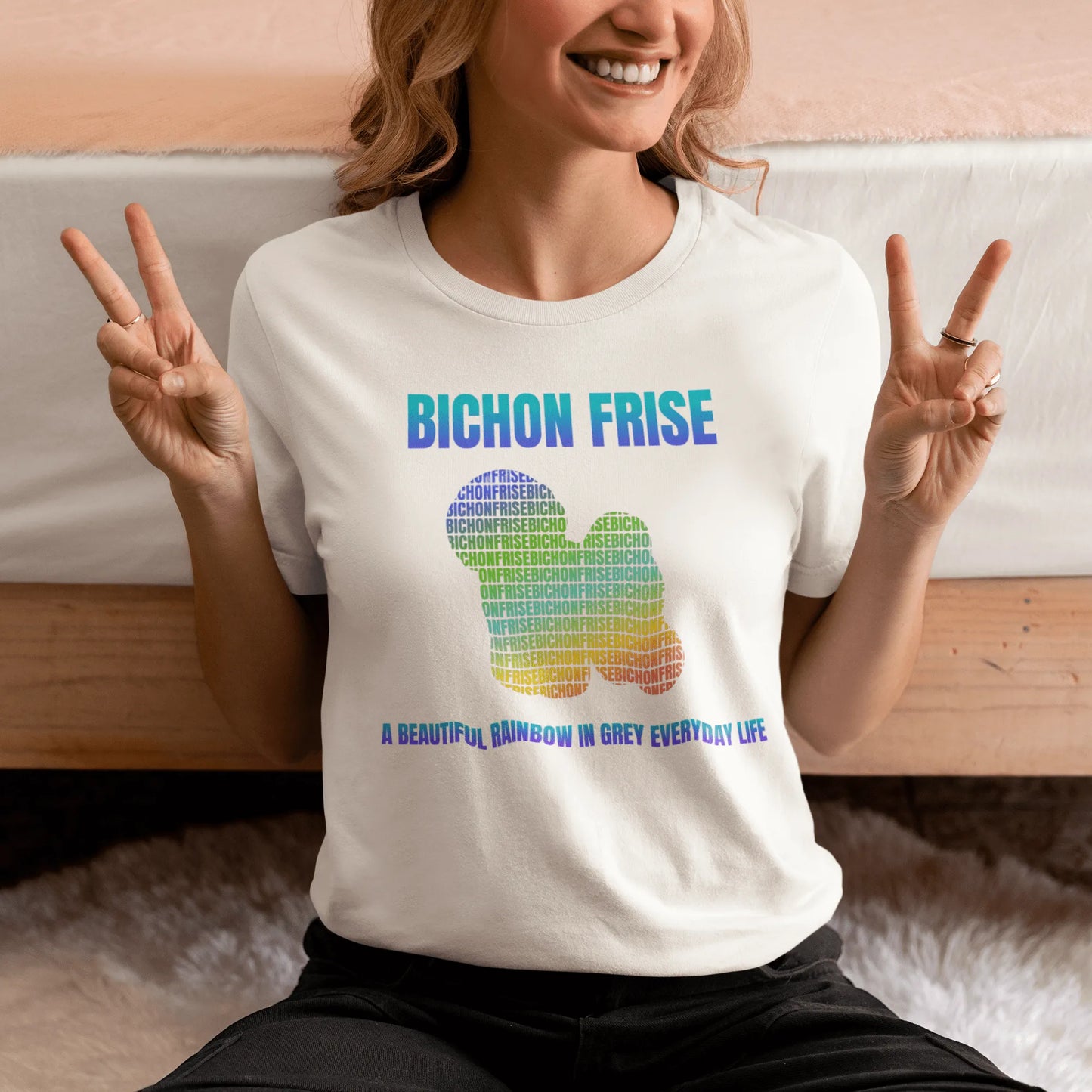 Unisex Bichon Frise T-shirt with "A Beautiful Rainbow in Grey Everyday Life" design – perfect for dog lovers and Bichon Frise owners.