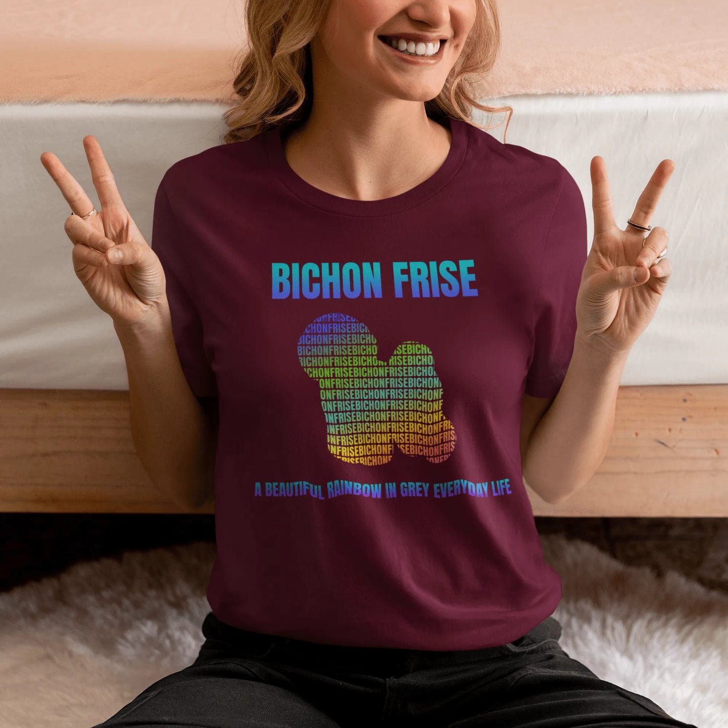 Unisex Bichon Frise T-shirt with "A Beautiful Rainbow in Grey Everyday Life" design – perfect for dog lovers and Bichon Frise owners.