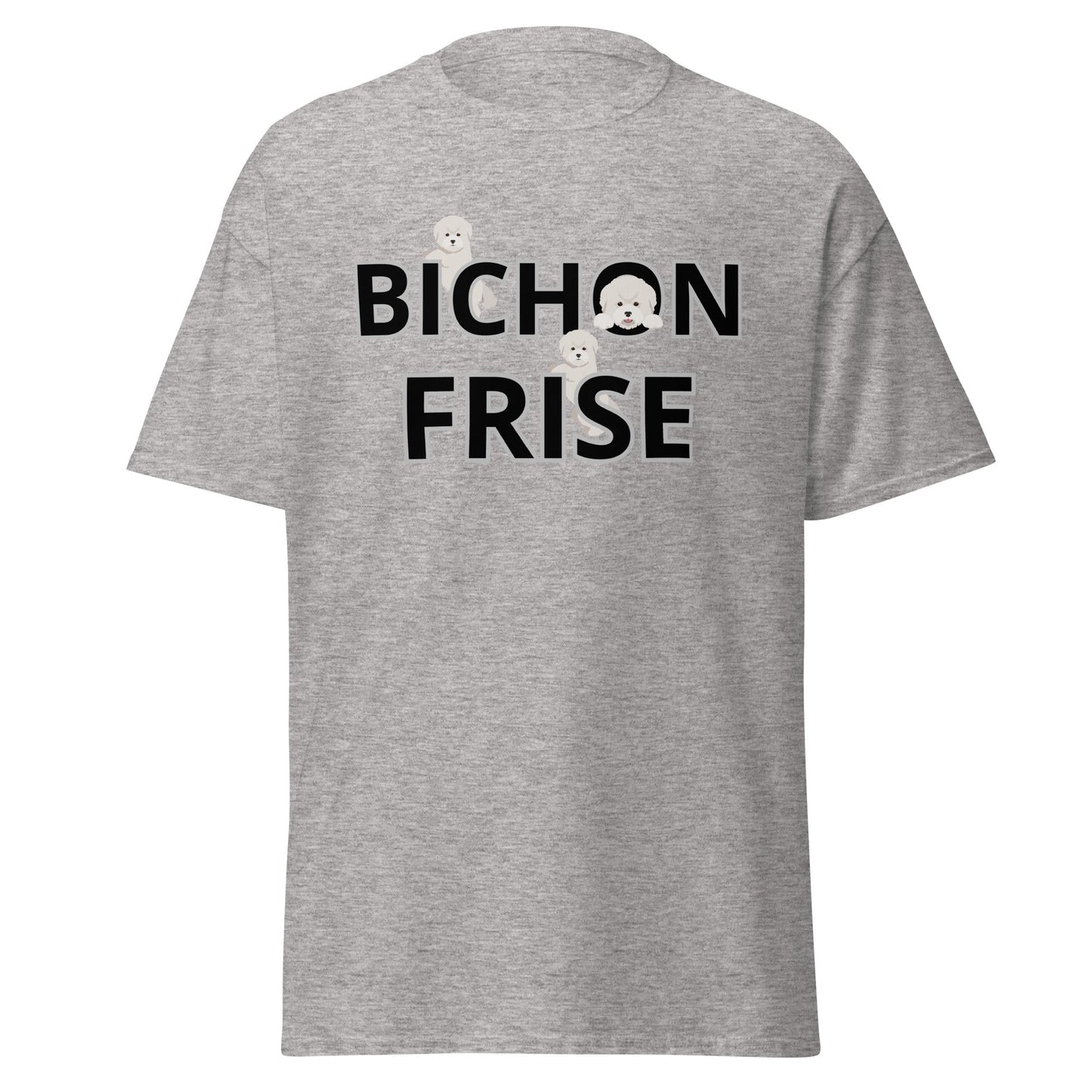 "Unisex Bichon Frise T-shirt with happy dog illustration and playful text – unique gift for Bichon Frise lovers and dog enthusiasts"